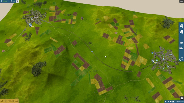Screenshot of main map screen in Train Fever with lots of towns, farms and green hills