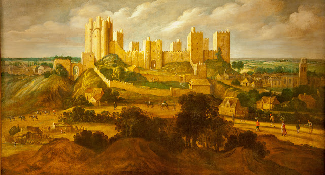 A large oil painting of Pontefract Castle as it was in about 1640, painted by Alexander Keirincx. It shows what a grand site it was, and much larger than the standing remains today might suggest. There are 10 towers and 3 lines of defensive walls extending down to the Knottingley Road.