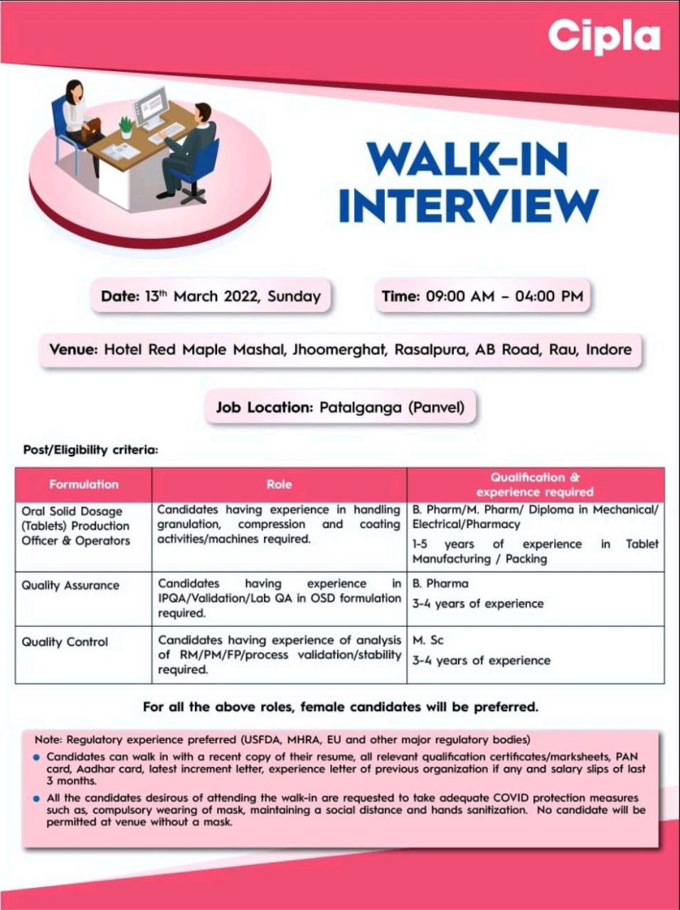 Job Availables,Cipla Limited Walk-In-Interview For B.Pharm/ M.Pharm/ MSc/ Diploma Mechanical/ Electrical/ Pharmacy