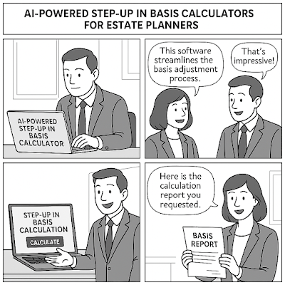 English Alt Text: A four-panel comic titled “AI-Powered Step-Up in Basis Calculators for Estate Planners.” Panel 1: A man sits at a desk with a laptop that reads “AI-POWERED STEP-UP IN BASIS CALCULATOR.” Panel 2: A woman says, “This software streamlines the basis adjustment process,” and a man beside her replies, “That’s impressive!” Panel 3: The original man points to a screen that reads “STEP-UP IN BASIS CALCULATION – CALCULATE.” Panel 4: A woman holds a document labeled “BASIS REPORT” and says, “Here is the calculation report you requested.”