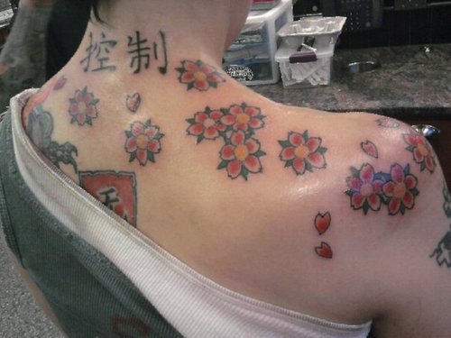Japanese Lettering Tattoo With Cherry Blossom Tattoos