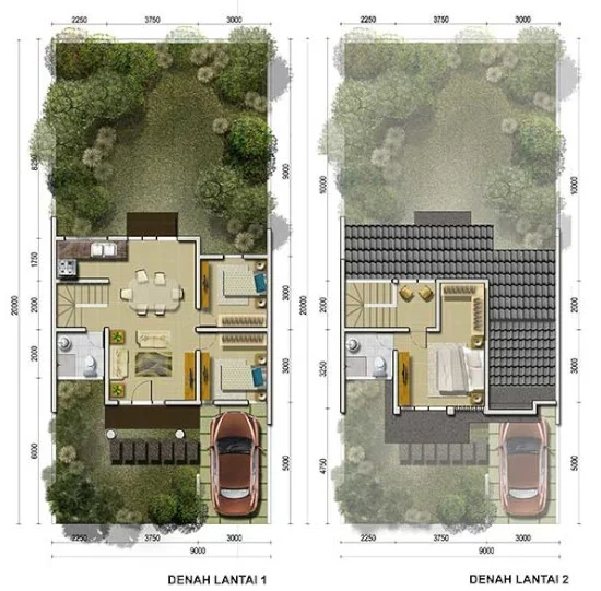 4 Denah rumah minimalis ukuran 9x20 meter 3 kamar tidur 2 lantai