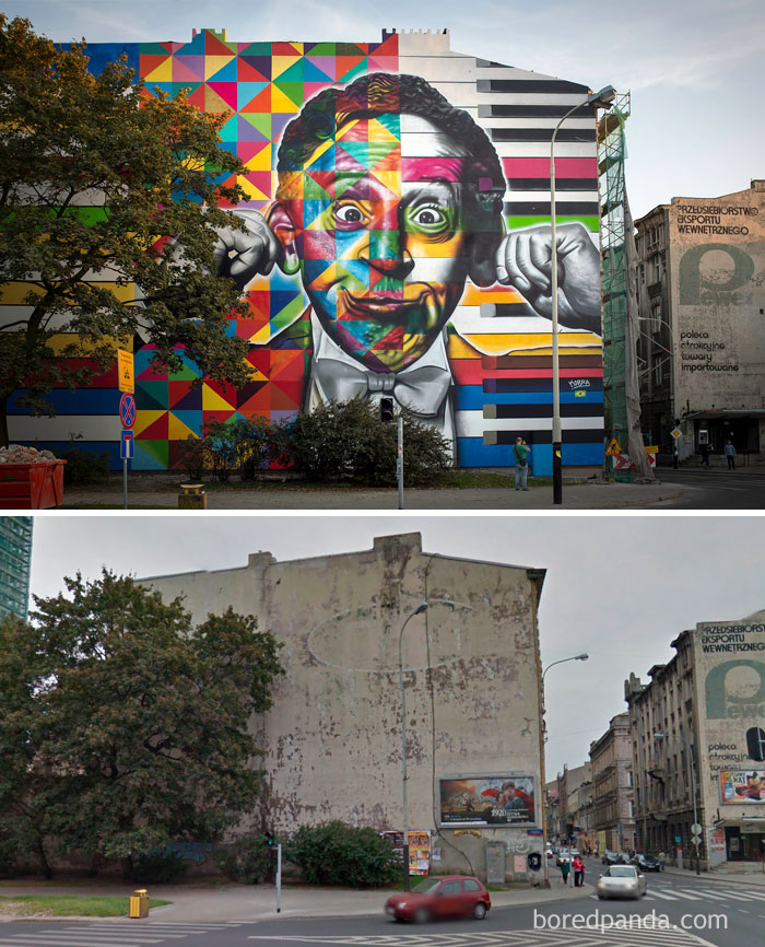 10+ Incredible Before & After Street Art Transformations That’ll Make You Say Wow - Arthur Rubinstein, Lotz, Poland