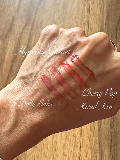 BUXOM Plump Shot Sheer Tints Dolly Babe, Hypnotic Garnet, Koral Kiss, Cherry Pop Swatches