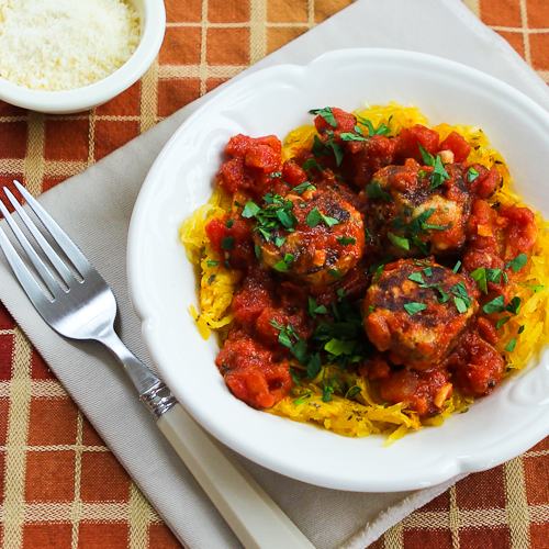 Roasted Spaghetti Squash, served with a simple homemade tomato sauce and chicken sausage meatballs