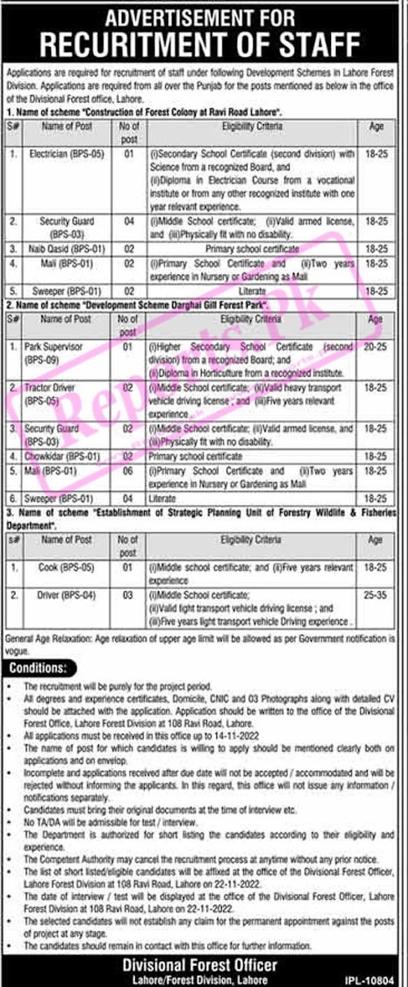 Forest Division Lahore Jobs 2022 Apply Online