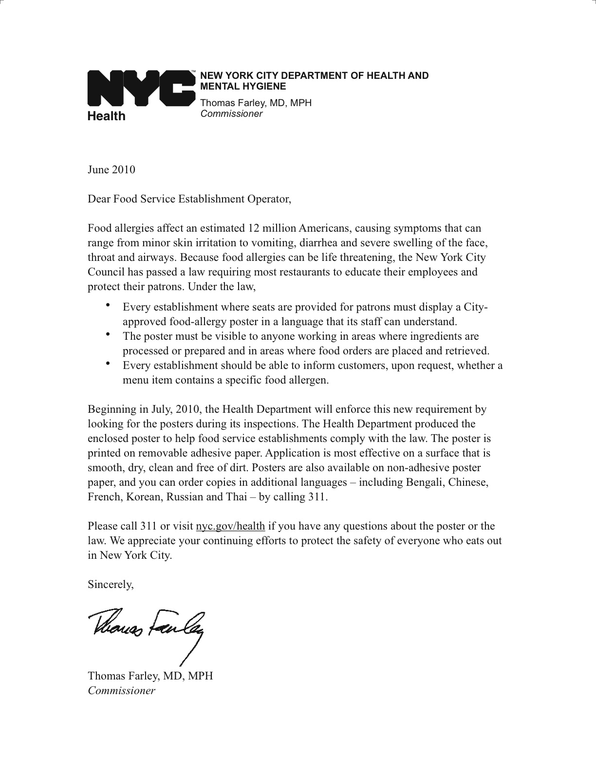 city of new york here is the letter from the department of health