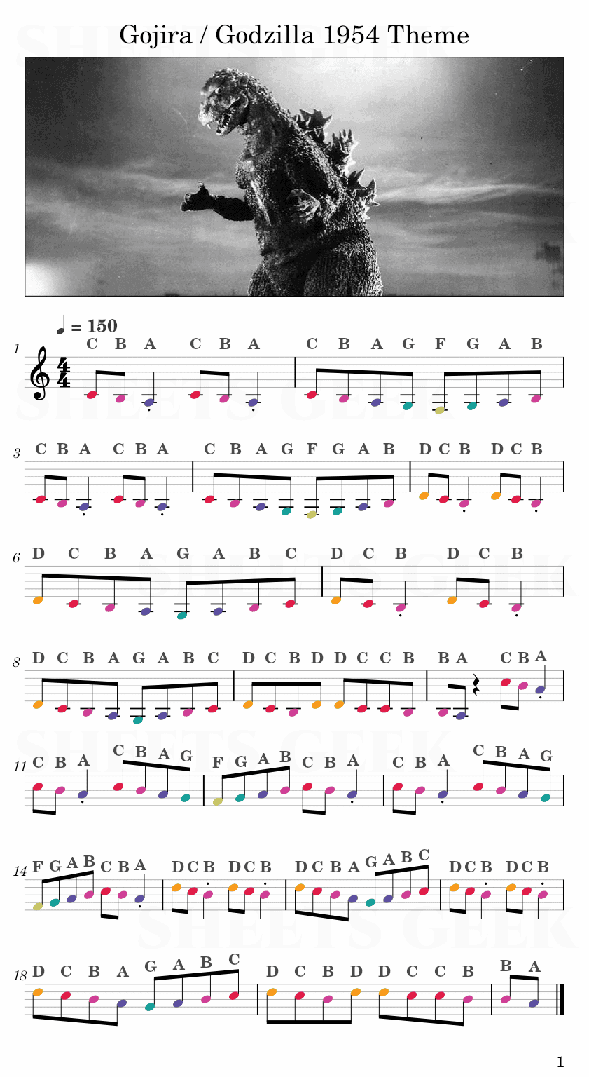 Gojira / Godzilla 1954 Theme Easy Sheet Music Free for piano, keyboard, flute, violin, sax, cello page 1