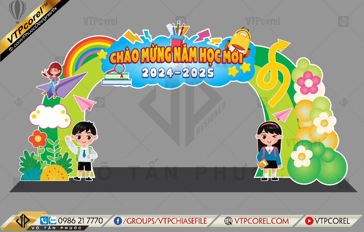 Trang trí Cổng chào mừng năm học mới 2024-2025 nổi bật CDR12