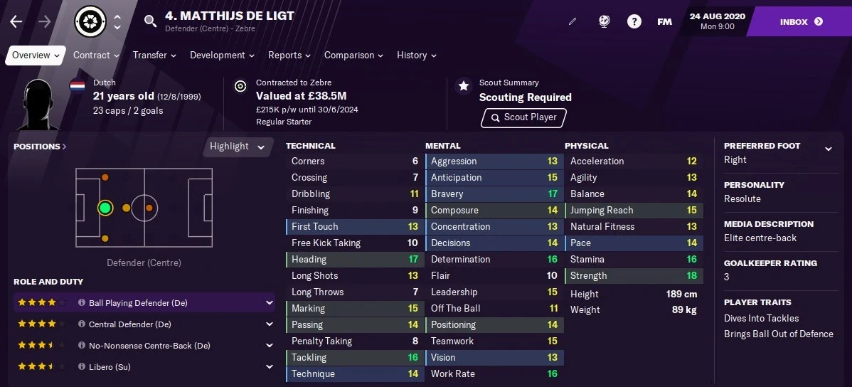 Matthijs De Ligt: Starting Attributes in FM2021