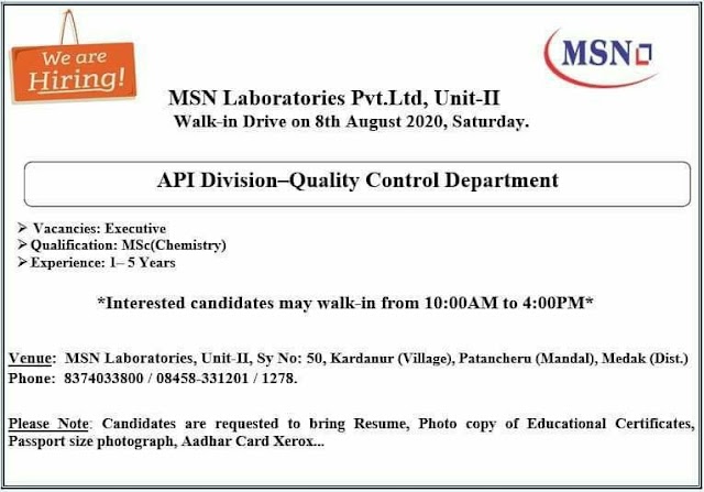 MSN Laboratories | Walk-in for QC department at Hyderabad on 8 Aug 2020