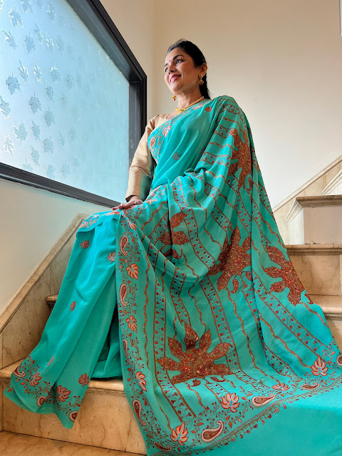 Kashmiri sozni/ needlework/ sui ki kadai saree on pure crepe