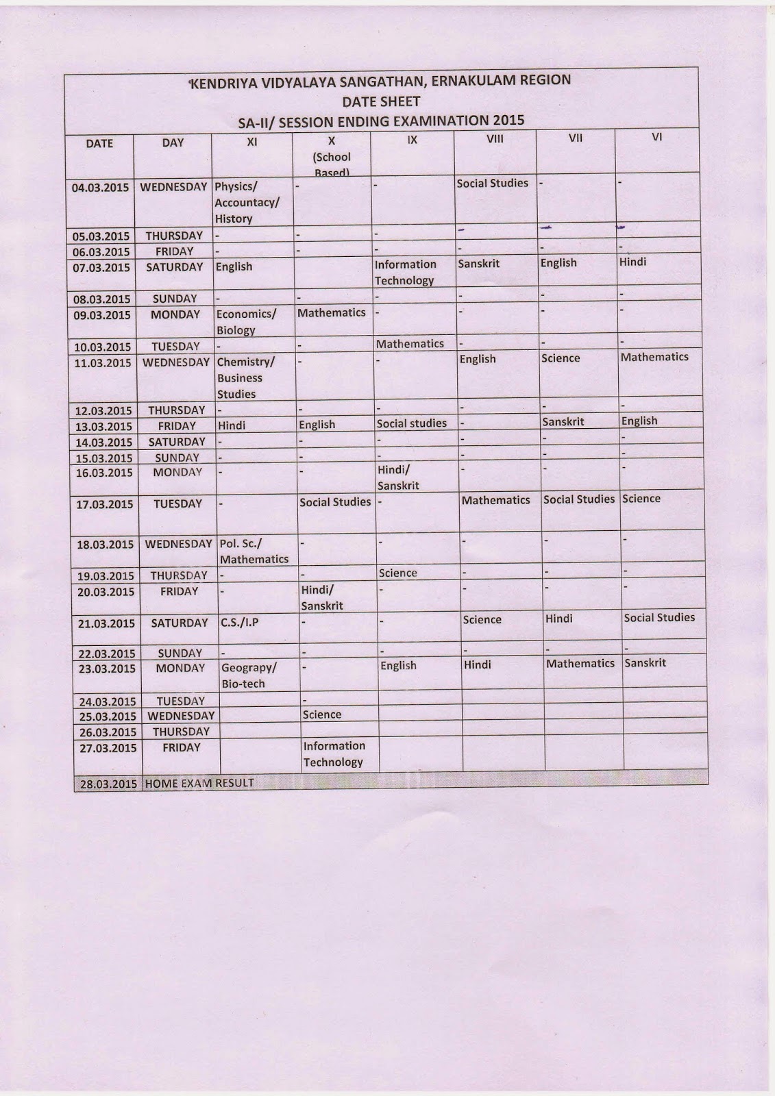 Date sheet for SA-ll for Class-Vl-X and SEE Class XI