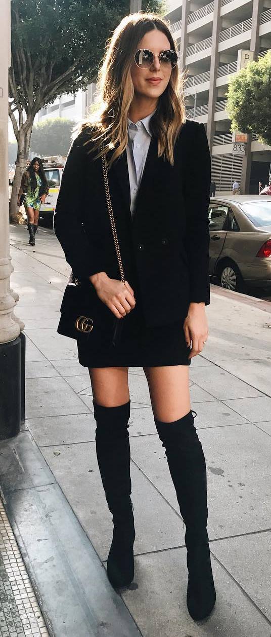ootd: jacket + skirt + bag + over the knee boots + shirt