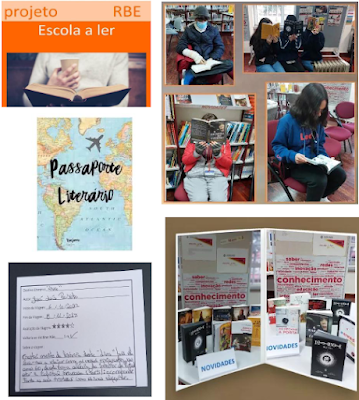 Cartaz do projeto Escola a ler, passaporte literário, alunos a ler e mesas de sugestões literárias