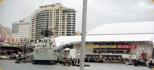 HMAS Vampire & Oberon Class submarine in front of the National Maritime Museum