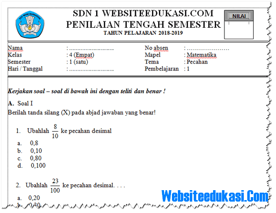 Soal Uts Pts Matematika Kelas 4 Semester 1 K13 Tahun 2018 2019