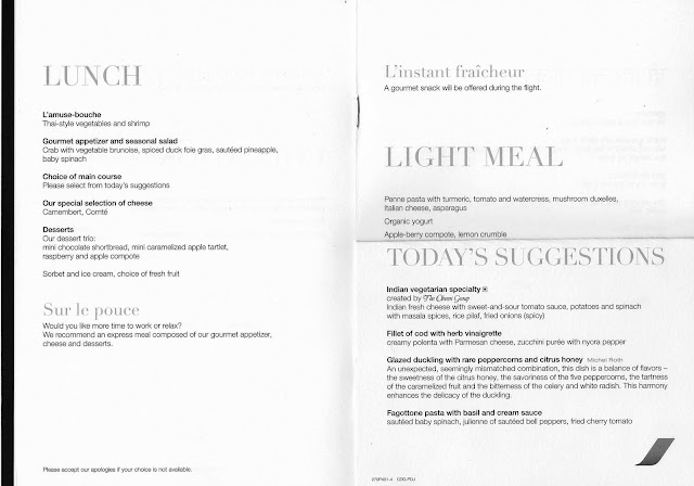 Air France business class Paris to Mumbai lunch and light meal menu