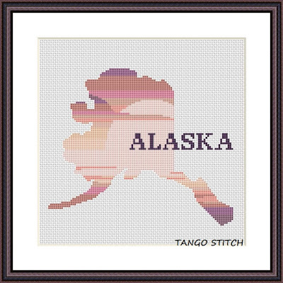 Alaska state map silhouette sunset cross stitch pattern