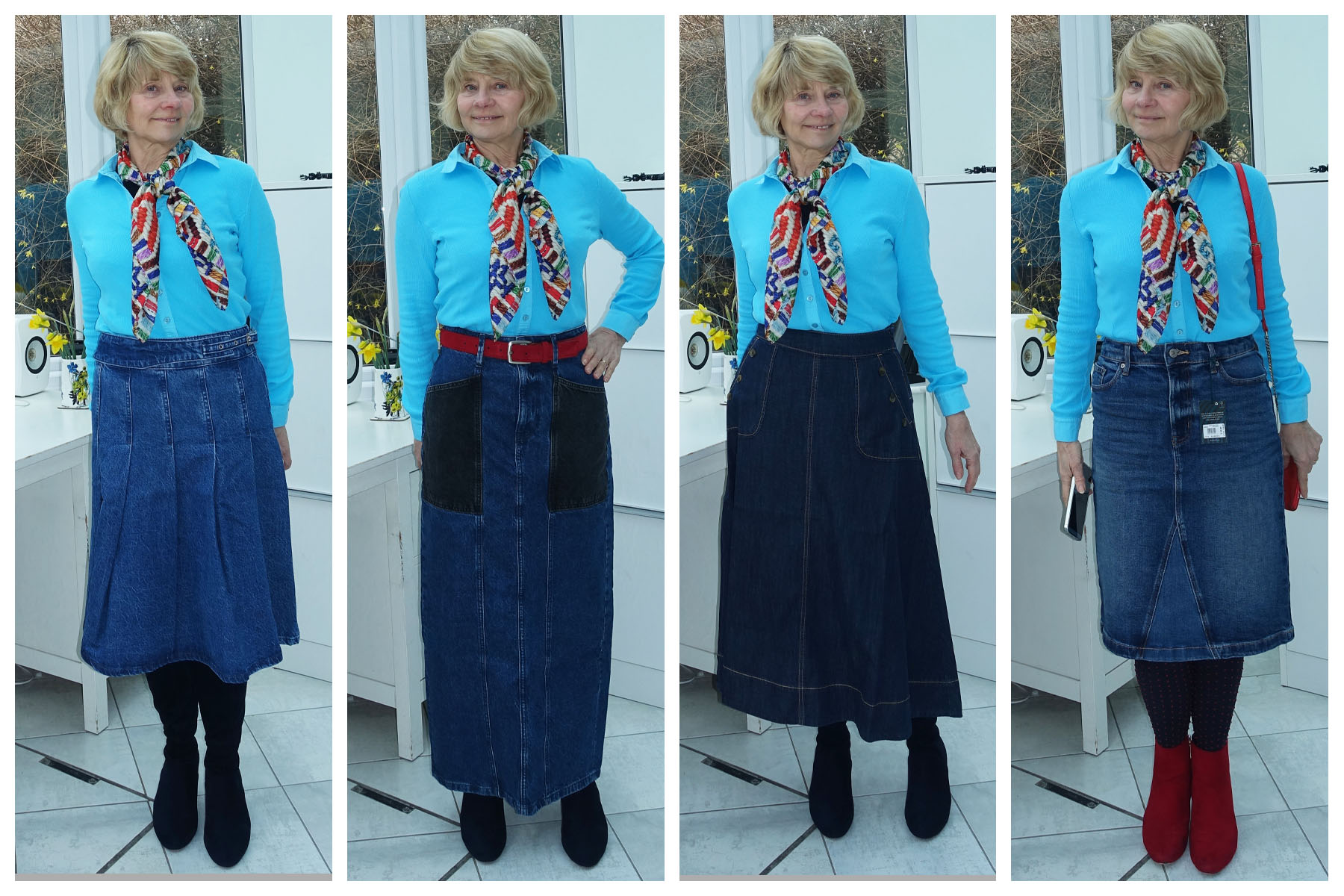 Gail Hanlon from Is This Mutton tries on four different length and style of denim skirt