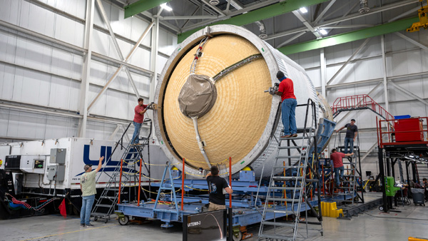 Technicians prepare the Artemis 3 ICPS for shipment at ULA's rocket factory in Decatur, Alabama...on July 29, 2023.