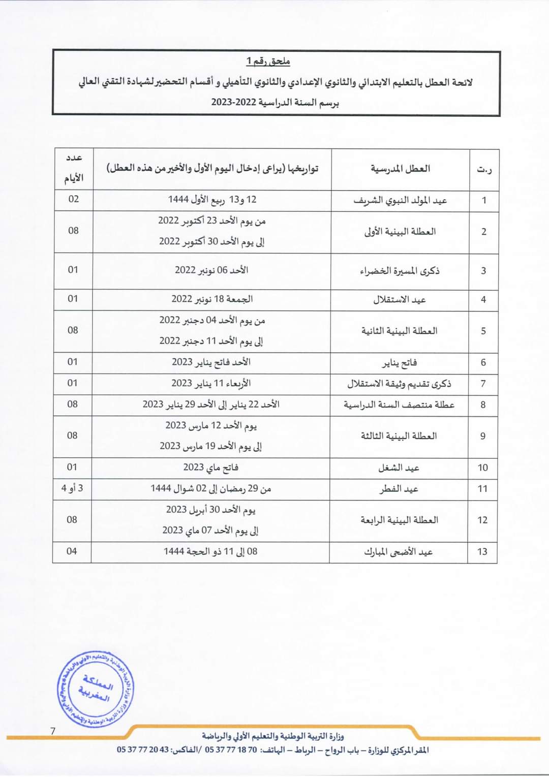 لائحة العطل المدرسية بالمغرب + pdf