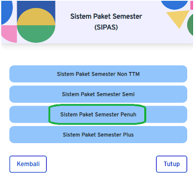 Ketentuan Registrasi Matakuliah Mahasiswa tidak perlu memilih mata kuliah yang akan diregistrasikan karena sistem sudah otomatis menetapkan paket mata kuliah yang harus ditempuh pada semester yang sesuai Jumlah sks mata kuliah yang dapat diregistrasikan untuk semester 1 dan 2 maksimal 20 sks, untuk semester 3 dan seterusnya maksimal 24 sks termasuk mahasiswa Non Sipas. Bagi mahasiswa SIPAS (plus/penuh dan semi) yang tidak melakukan registrasi setiap semester secara berkelanjutan maka akan memiliki paket tertinggal (paket mata kuliah yang tidak ditempuh pada semester berjalan). matakuliah pada semester tidak aktif tersebut dapat diambil dan tdak dikenakan biaya selama paket semester tertinggal sudah dibayarkan. apabila matakuliah tersebut diambil sebagai matakuliah mengulang maka akan dikenakan biaya matakuliah ulang. Komponen Layanan Biaya Pendidikan Deskripsi komponen layanan SIPAS Penuh meliputi: OSMB, layanan administrasi akademik, transkrip sementara, alih kredit, bahan ajar cetak dan digital, TTM wajib seluruh mata kuliah, praktik/praktikum, Tuton, UAS, TAP, Karil, Wisuda/UPI/PI. Cara Memperoleh Bahan Ajar Bagi mahasiswa SIPAS Plus/Penuh/Semi mendapatkan BMP dalam versi cetak melalui UPBJJ-UT atau Kelompok Belajar (Pokjar) Tutorial Tatap Muka Tutorial Tatap Muka (TTM) adalah kegiatan tutorial yang dilaksanakan secara langsung di dalam kelas secara tatap muka. TTM Wajib adalah TTM yang disediakan dalam layanan Sistem Paket Semester (SIPAS). Waktu pelaksanaan TTM dapat dilihat pada Kalender Akademik UT pada laman https://www.ut.ac.id/kalender-akademik. Mahasiswa SIPAS penuh, semua mata kuliah disediakan layanan TTM-nya. Tutorial Online Tutorial online (Tuton) adalah kegiatan tutorial asinkron yang diselenggarakan secara online (daring) melalui jaringan Internet. Mahasiswa dapat mengikuti Tuton dari mana saja sepanjang dapat mengakses jaringan Internet. Mahasiswa Sipas Penuh & Sipas Plus 1 (satu) mata kuliah per semester yang ditetapkan oleh prodi agar mereka memiliki pengalaman belajar melalui e-learning