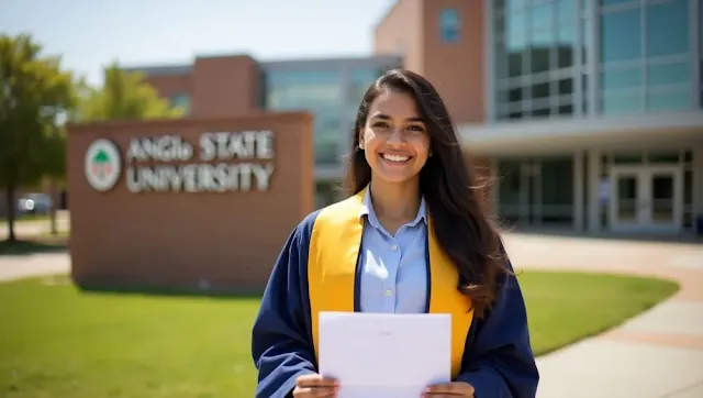 "International student studying on Angelo State University campus, smiling with scholarship documents in hand, symbolizing academic success and reduced tuition costs."
