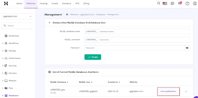 Going to phpMyAdmin section on Hostinger