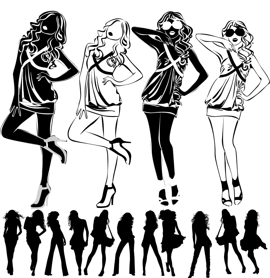 Free Vector がらくた素材庫 お洒落なポーズを取る女性のシルエット Modern Beautiful Girl Silhouettes イラスト素材