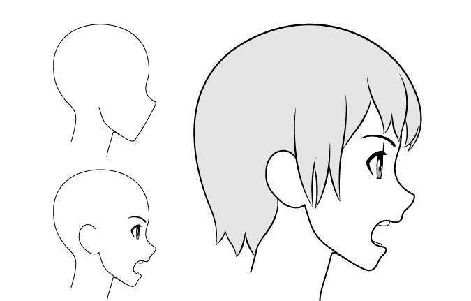 Gadis anime berteriak tampilan samping menggambar