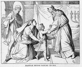 Elkanah and Hannah brings Samuel to Eli after weaning [accustom (an infant or other young mammal) to food other than its mother's milk].