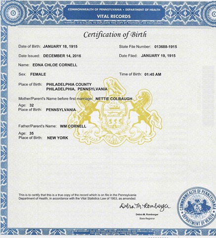 Cornell Edna 1916 birth certificate