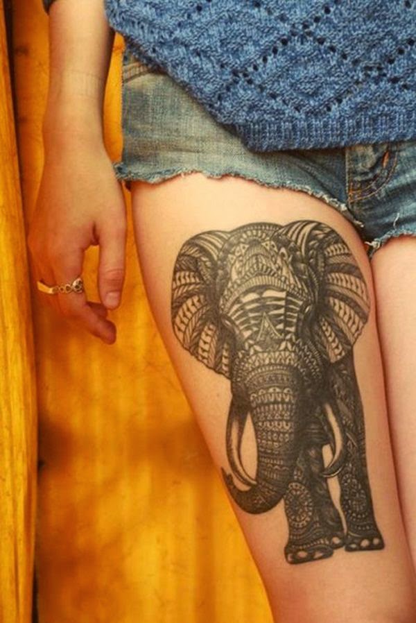 Animal Tattoo On Women Thigh, Women Thigh With Elephant Tattoo, Cute Elephant On Women Thigh Tattoo, Cute Women Thigh With Elephant Animal Tattoo, Animals, Parts, Women,