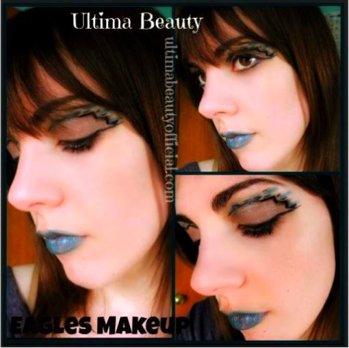 Collage of three photos: text reads "Eagles Makeup" Photo 1: Ultima Beauty with Closed eyes wearing Philadelphia Eagles inspired makeup; Photo 2:Ultima Beauty with opened eyes wearing Eagles inspired makeup; Photo 3: Ultima Beauty with closed eyes wearing Eagles inspired makeup