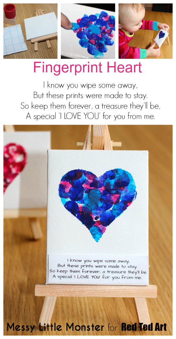 Fingerprint heart poem keepsake craft for babies, toddlers and preschoolers. An easy Mothers Day or Valentines Day activity idea with free printable poem. Use a mini canvas easel or make greeting cards.