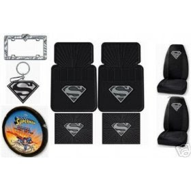 SUPERMAN 9pc Combo Set Front & Rear Floor Mats, Seat Covers, Steering Wheel Cover, CD Visor Organizer, License Plate Frame & Keychain With Bonus 