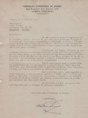 Carta de la Federación Portuguesa de Ajedrez a Ángel Ribera, 1954