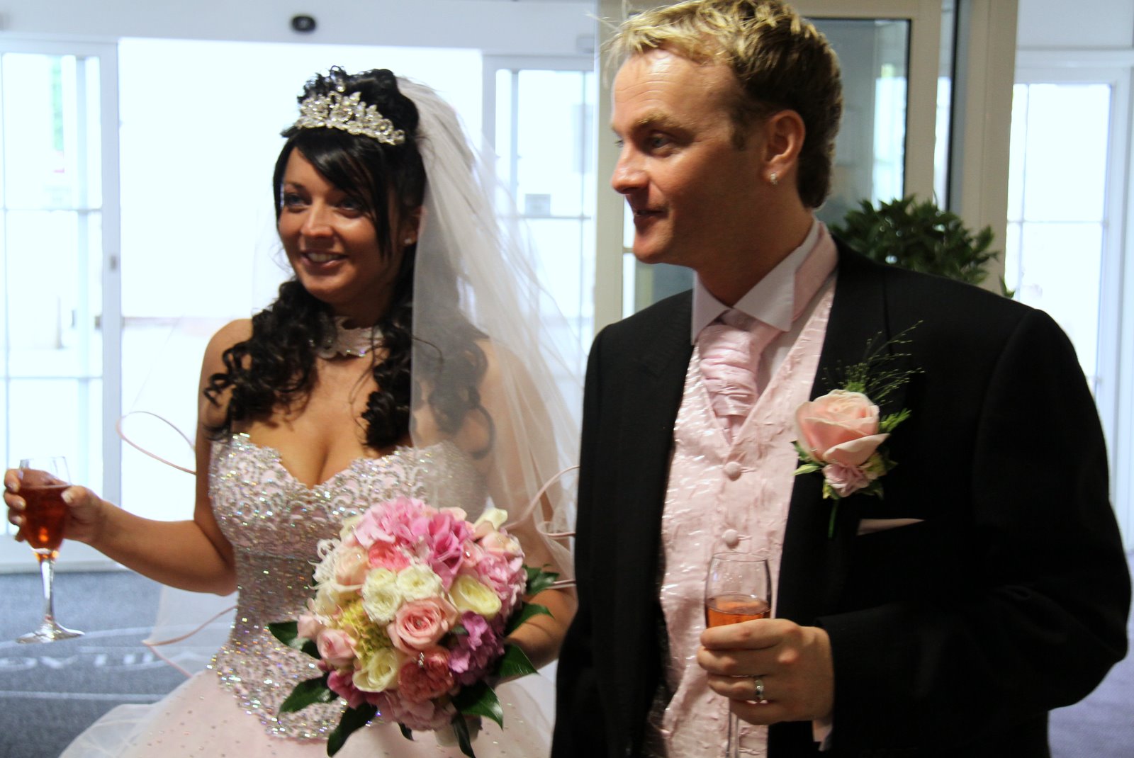 a pale pink wedding gown,