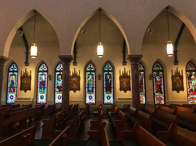 stained glass windows inside St. Patrick Cathedral in Fort Worth, Texas