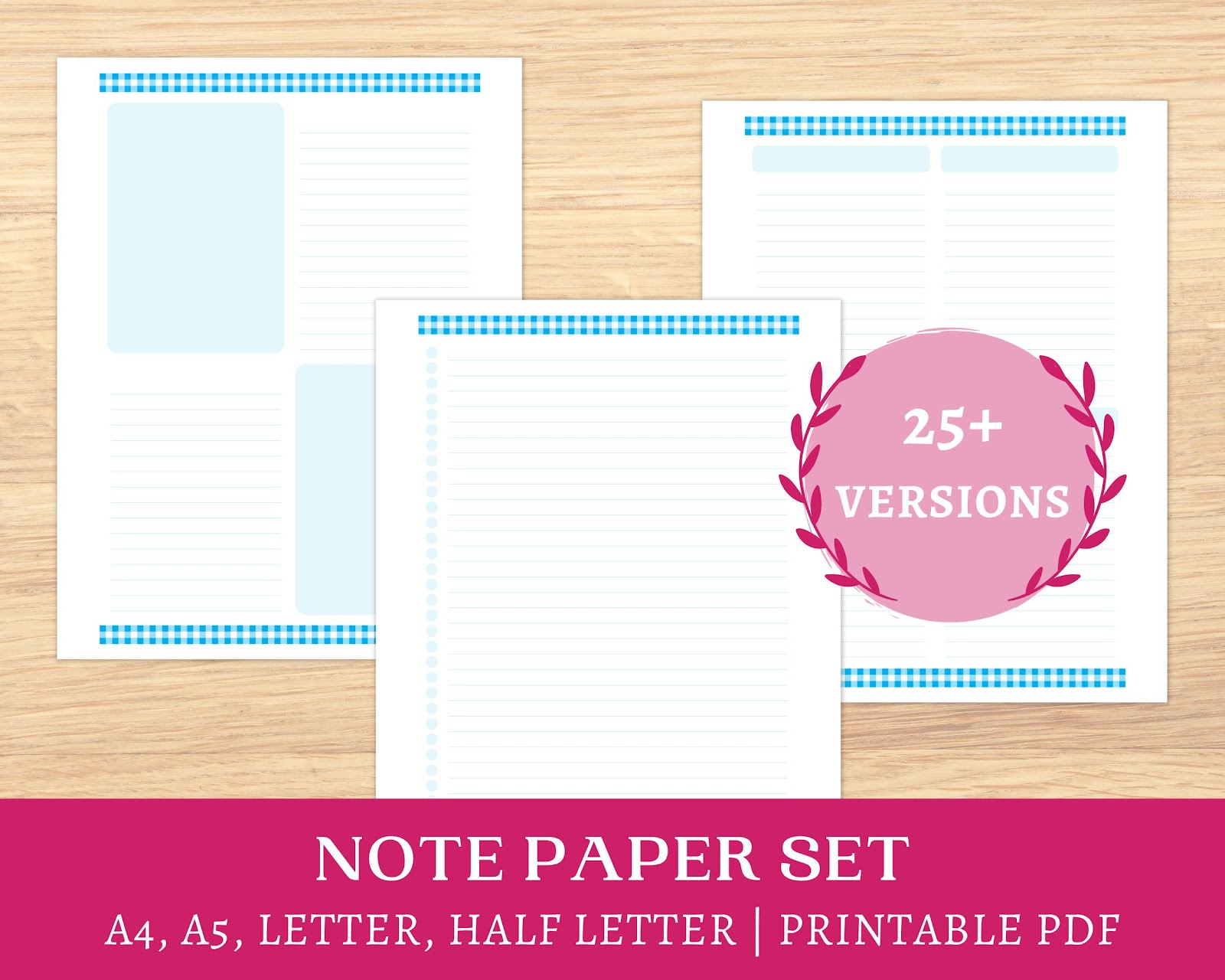 An aqua blue gingham border design and pale blue lines and colour blocks feature in this set of blank pages