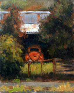 Oil painting of a faded red Volkswagen Beetle in a shed with a rusty roof flanked by trees.