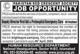 Announcement at Pakistan Red Crescent Society PRCS NGO Jobx