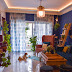 Living room with blue curtains 