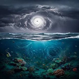 A dramatic digital illustration depicting a powerful hurricane over the ocean, with swirling storm clouds, massive waves, and deep-sea currents being disrupted.