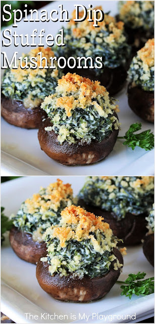 Spinach Dip Stuffed Mushrooms ~ Stuffed with creamy homemade spinach dip, topped with panko-Parmesan crumbs, and baked until warm and tender, these super tasty Spinach Dip Stuffed Mushrooms make for one very delicious appetizer or side. They're a perfect party pick-up, dinner starter, game day nibble, or a tasty addition to any holiday meal!  www.thekitchenismyplayground.com