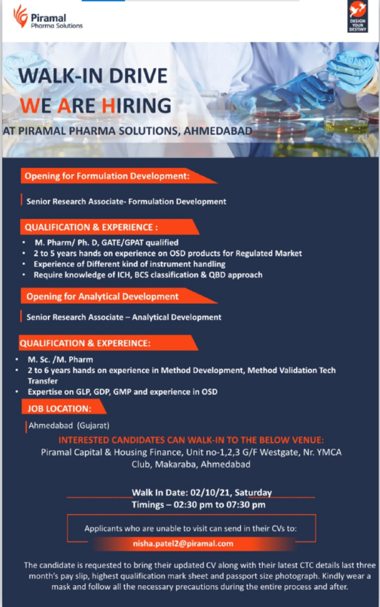 Job Availables,PIRAMAL PHARMA SOLUTIONS Walk-In-Interview For Formulation Development and Analytical Development