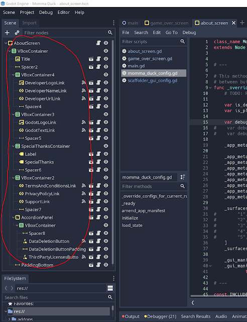 A screenshot of the Godot editor showing the node-structure of the About screen scene.