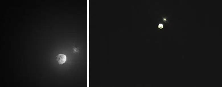 Imágenes que muestran a Dimorphos de una distancia de 80 kilómetros y 57 kilómetros, se observa el polvo que se generó tras el impacto de DART