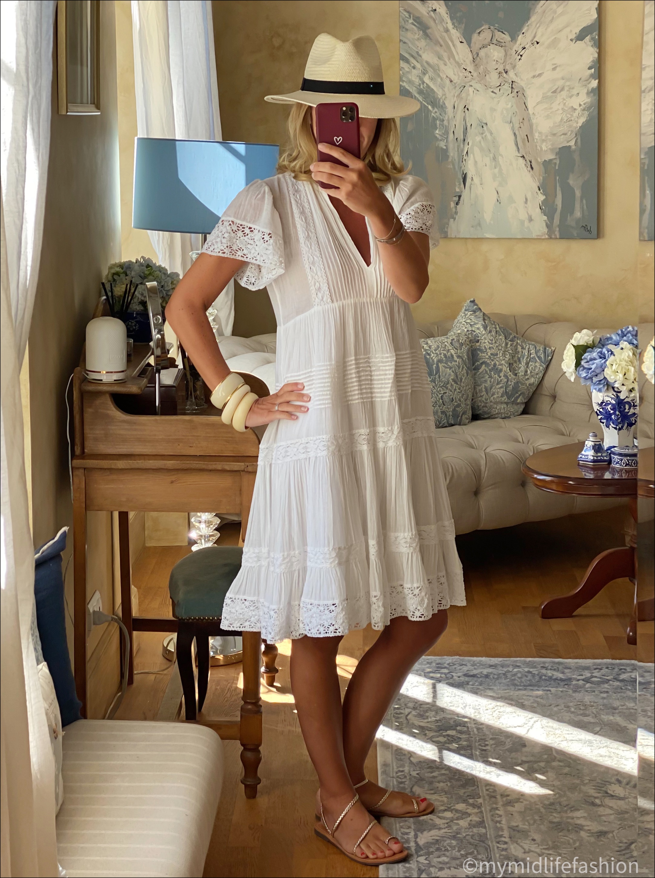 my midlife fashion, Zara Panama hat, Ralph Lauren white dress, speak out boutique gold metallic pleated sandals